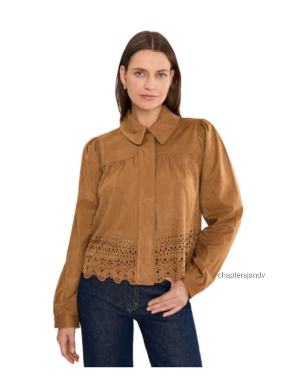 Puff Sleeve Jacket Laser Cut Hem Stretch Faux Suede Knit Regular Fit